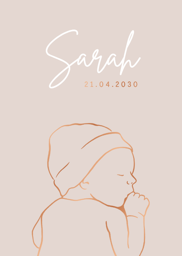 Minimalistisch geboortekaartje baby met mutsje – koperfolie - Geboortekaartjes Geboortekaartjes - Minimalistisch geboortekaartje baby met mutsje – koperfolie