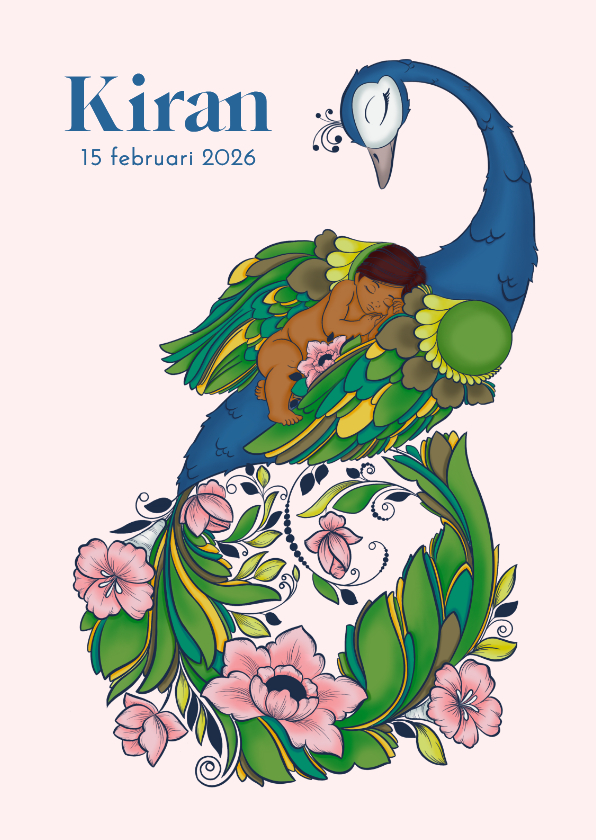 Geboortekaartjes - Multicultureel geboortekaartje met pauw en donker kindje