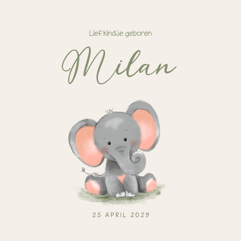Neutraal geboortekaartje met een schattig olifantje - Geboortekaartjes Geboortekaartjes - Neutraal geboortekaartje met een schattig olifantje