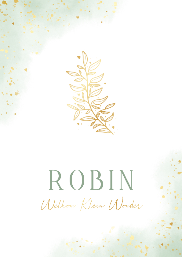Neutraal geboortekaartje met groene waterverf gouden takje - Geboortekaartjes Geboortekaartjes - Neutraal geboortekaartje met groene waterverf gouden takje