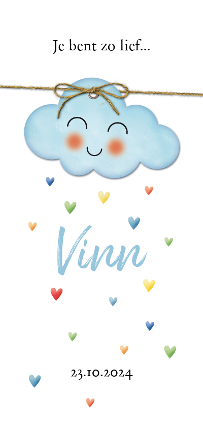 Op een blauwe wolk met regen van hartjes geboorte - Geboortekaartjes Geboortekaartjes - Op een blauwe wolk met regen van hartjes geboorte