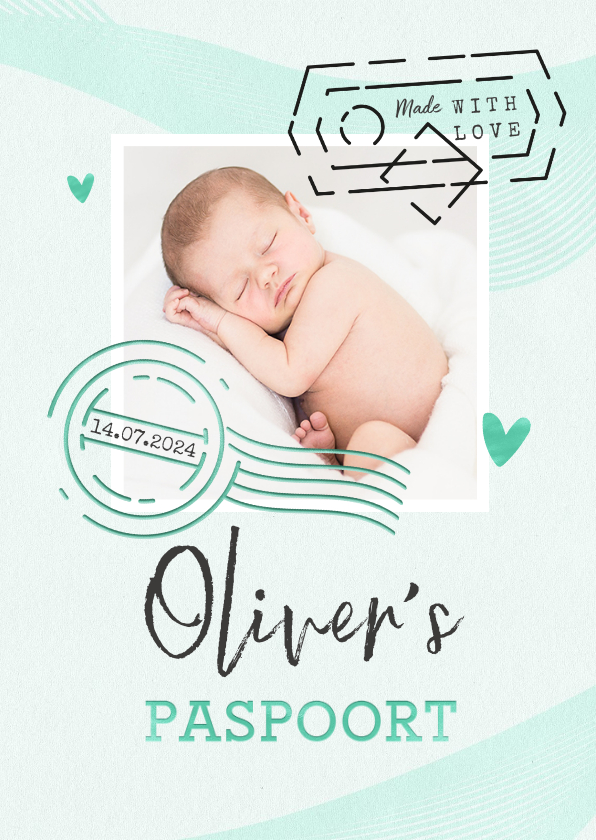Geboortekaartjes - Paspoort geboortekaartje unisex mintgroen made with love