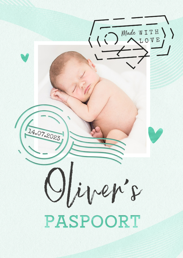 Paspoort geboortekaartje unisex mintgroen made with love - Geboortekaartjes Geboortekaartjes - Paspoort geboortekaartje unisex mintgroen made with love