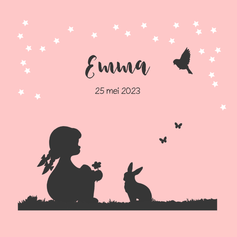 Romantisch geboortekaartje met een silhouet meisje en dieren - Geboortekaartjes Geboortekaartjes - Romantisch geboortekaartje met een silhouet meisje en dieren