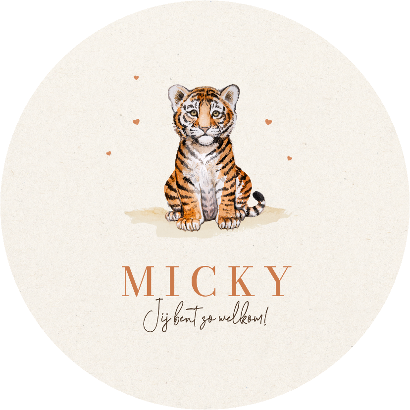 Geboortekaartjes - Rond geboortekaartje schattig tijger welpje baby unisex