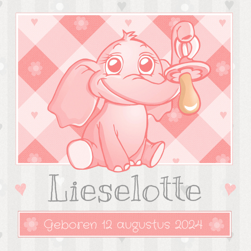 Roze Baby Olifantje Met Speen - Geboortekaartjes Geboortekaartjes - Roze Baby Olifantje Met Speen