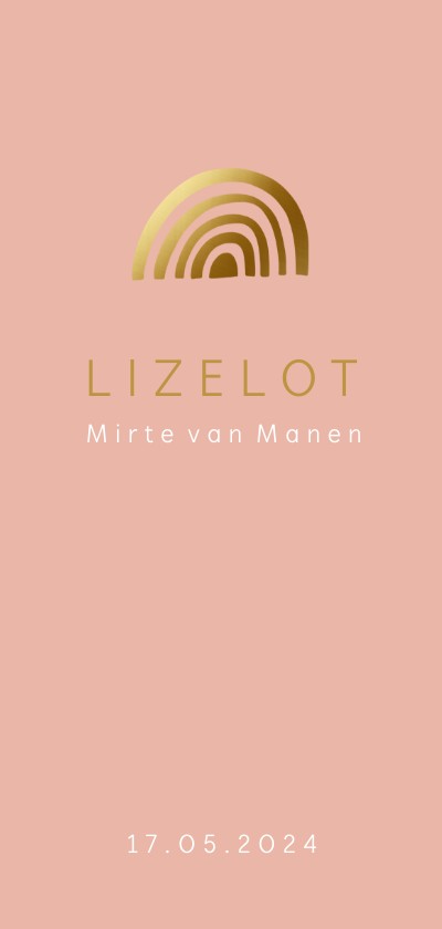 Roze geboortekaartje met goudlook regenboog - Geboortekaartjes Geboortekaartjes - Roze geboortekaartje met goudlook regenboog