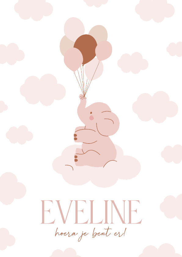 Geboortekaartjes - Roze geboortekaartje olifantje op de wolken met ballonnen