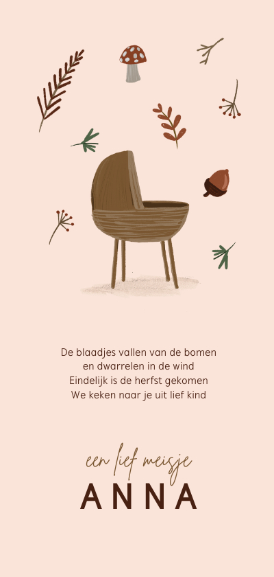 Roze geboortekaartje wieg herfst takjes paddenstoel - Geboortekaartjes Geboortekaartjes - Roze geboortekaartje wieg herfst takjes paddenstoel