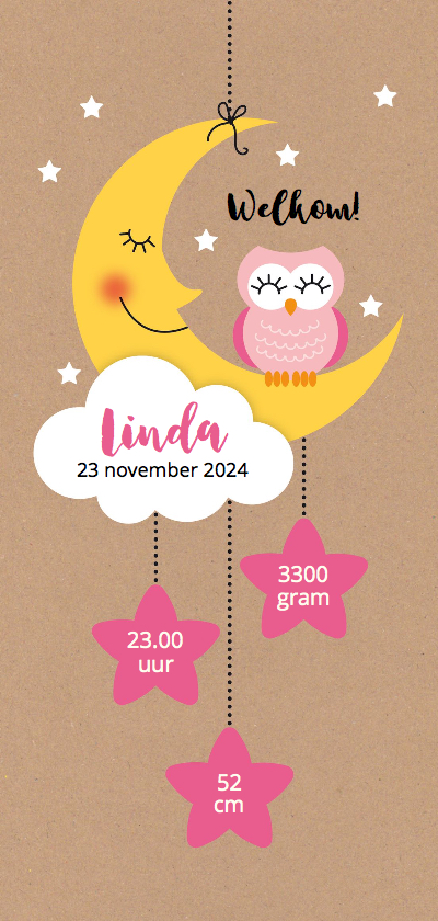 Roze uil op maan met wolk en sterretjes - Geboortekaartjes Geboortekaartjes - Roze uil op maan met wolk en sterretjes