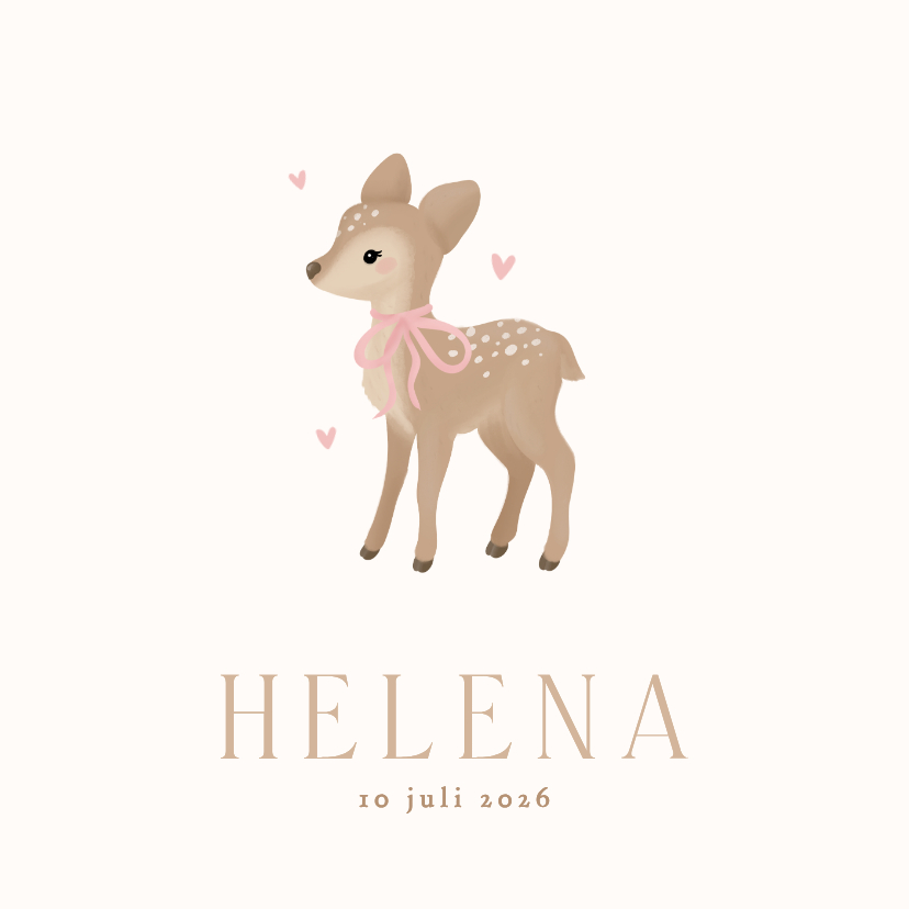 Schattig geboortekaartje meisje met hertje met strik beige - Geboortekaartjes Geboortekaartjes - Schattig geboortekaartje meisje met hertje met strik beige