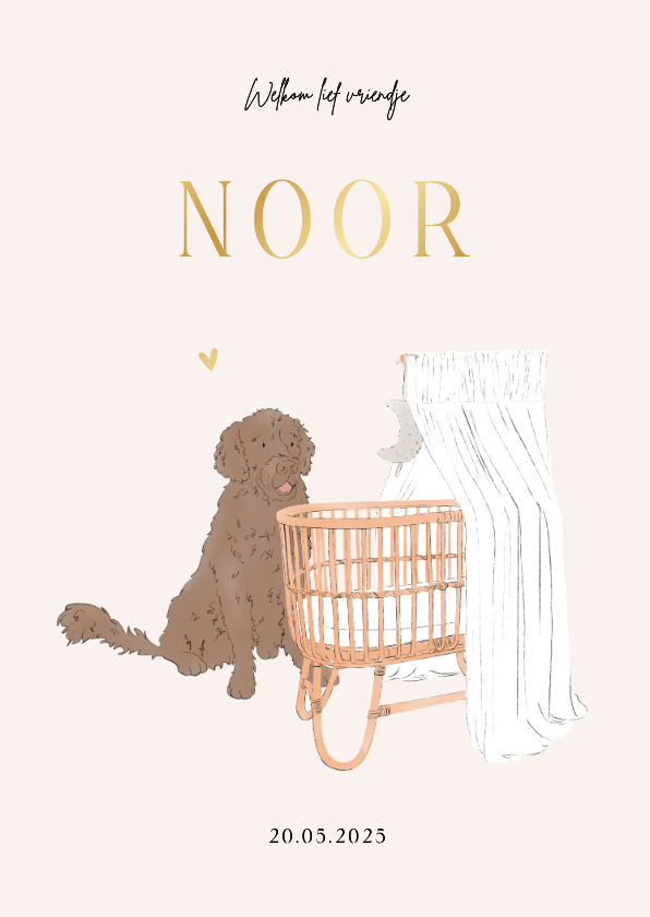 Schattig geboortekaartje met wiegje en hond goudfolie - Geboortekaartjes Geboortekaartjes - Schattig geboortekaartje met wiegje en hond goudfolie