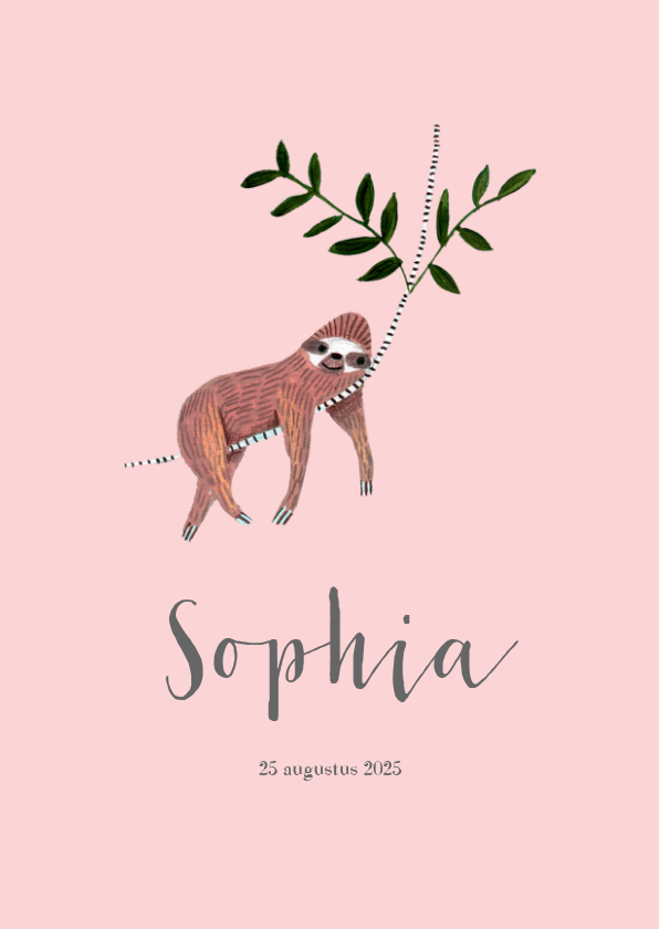 Schattig geboortekaartje roze met trendy luiaard dieren - Geboortekaartjes Geboortekaartjes - Schattig geboortekaartje roze met trendy luiaard dieren