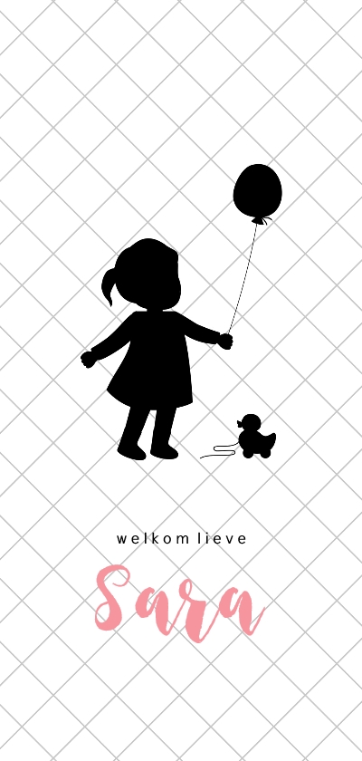 Silhouet geboortekaartje met meisje en ballon - Geboortekaartjes Geboortekaartjes - Silhouet geboortekaartje met meisje en ballon
