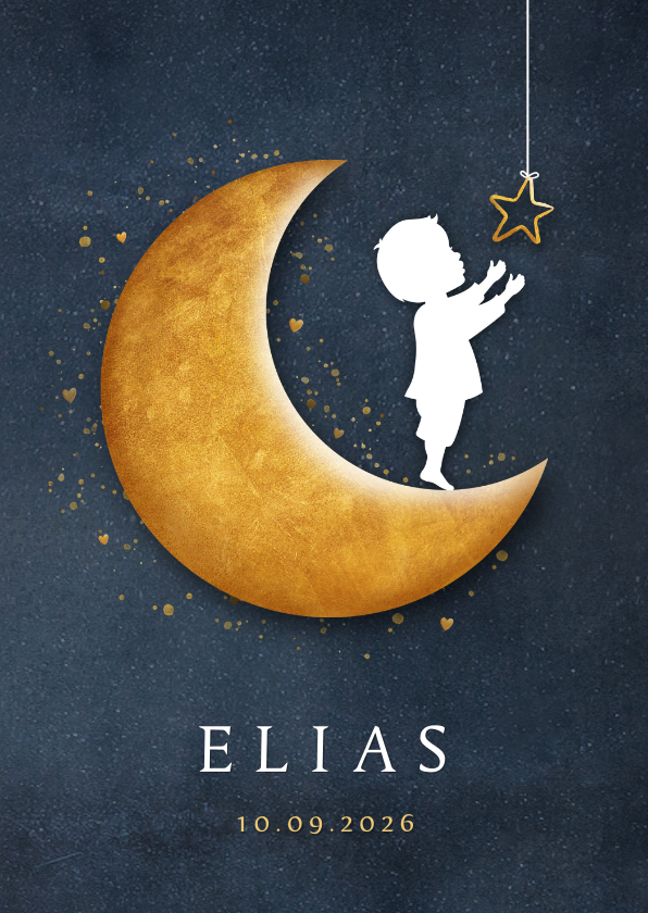 Geboortekaartjes - Staand geboortekaartje met een silhouet van jongen op maan