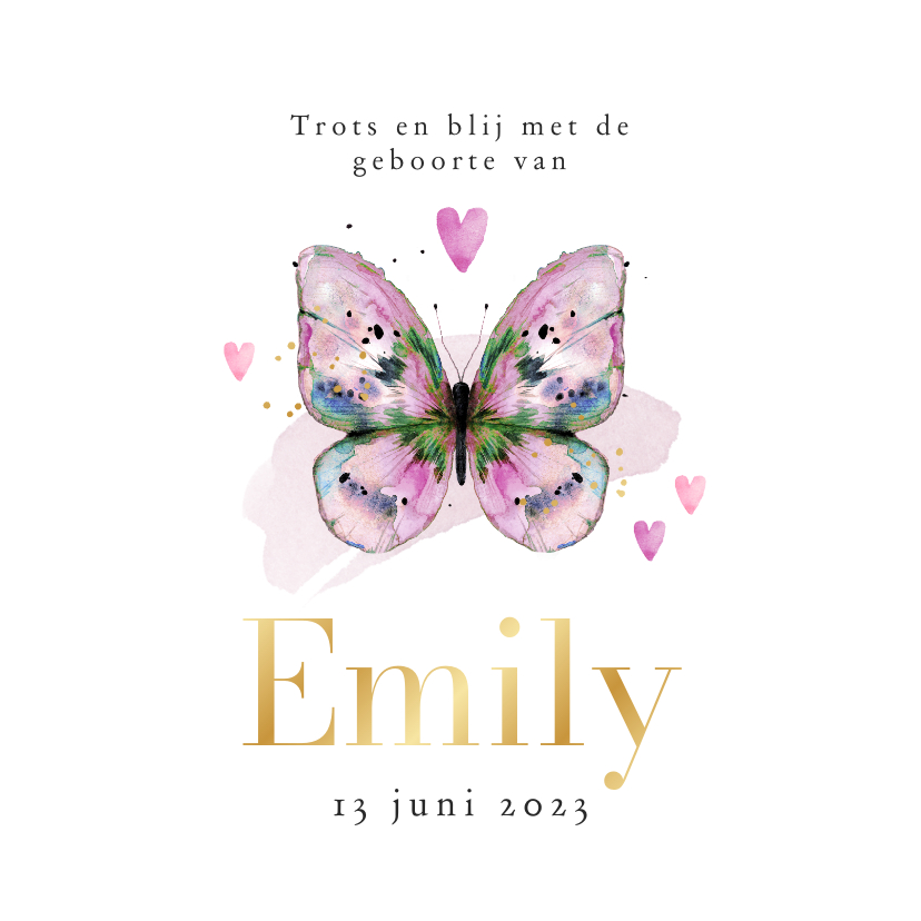Geboortekaartjes - Stijlvol en lief geboortekaartje watercolor vlinder roze 