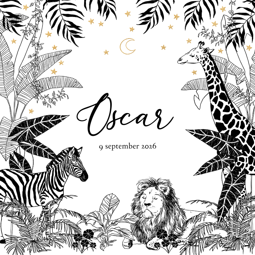 Stijlvol geboortekaartje met jungledieren in zwart/wit - Geboortekaartjes Geboortekaartjes - Stijlvol geboortekaartje met jungledieren in zwart/wit