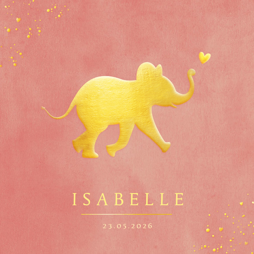 Stijlvol geboortekaartje met silhouet van olifant in goud - Geboortekaartjes Geboortekaartjes - Stijlvol geboortekaartje met silhouet van olifant in goud