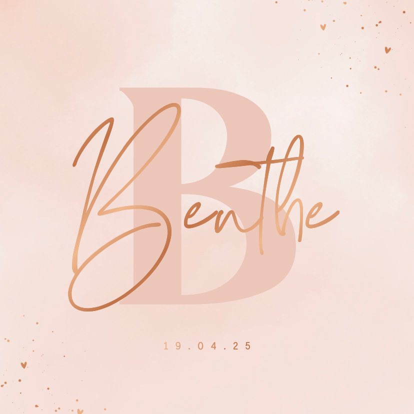 Stijlvol geboortekaartje voorletter baby roze wolkjes koper - Geboortekaartjes Geboortekaartjes - Stijlvol geboortekaartje voorletter baby roze wolkjes koper