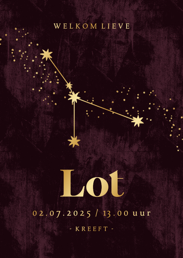 Stijlvolle geboortekaart sterrenbeeld kreeft astrologie goud - Geboortekaartjes Geboortekaartjes - Stijlvolle geboortekaart sterrenbeeld kreeft astrologie goud