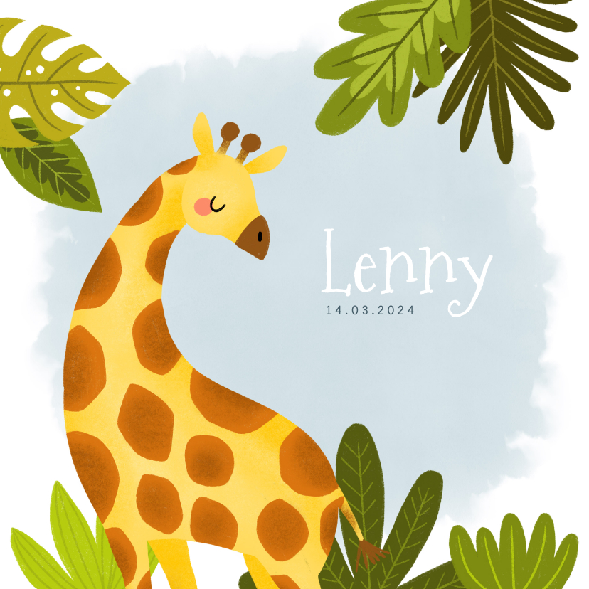 Stoer geboortekaartje met giraffe, plantjes en waterverf - Geboortekaartjes Geboortekaartjes - Stoer geboortekaartje met giraffe, plantjes en waterverf