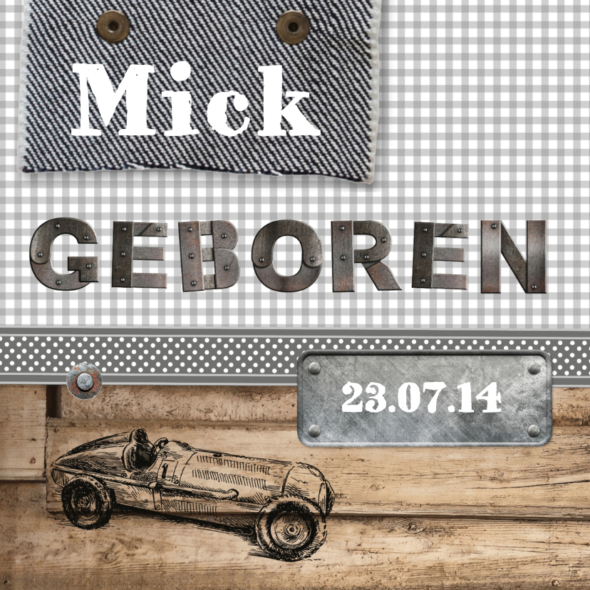 Stoere jongens kaart met raceauto en hout - Geboortekaartjes Geboortekaartjes - Stoere jongens kaart met raceauto en hout