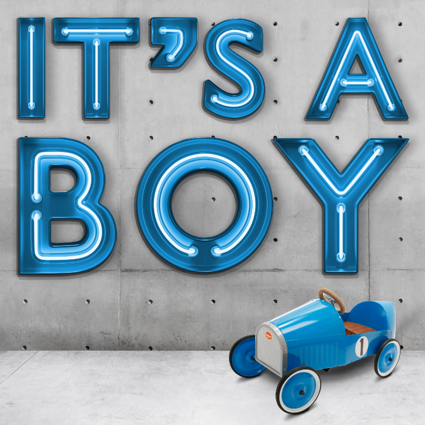 Stoere Neon Geboortekaart met auto voor jongen - Geboortekaartjes Geboortekaartjes - Stoere Neon Geboortekaart met auto voor jongen