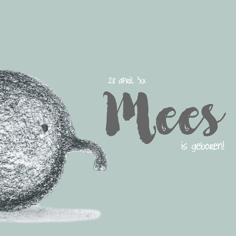 Super lief geboortekaartje houtskool olifant - Geboortekaartjes Geboortekaartjes - Super lief geboortekaartje houtskool olifant