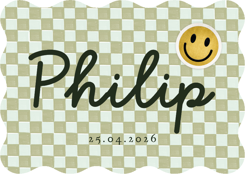Geboortekaartjes - Trendy geboortekaartje blokpatroon groen smiley patch