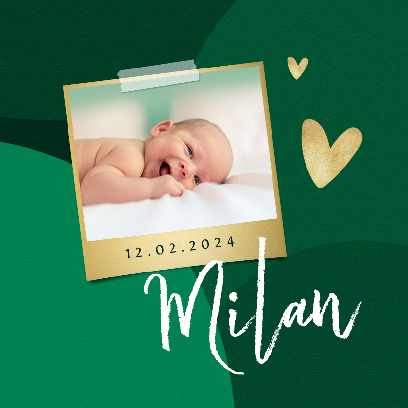 Geboortekaartjes - Trendy geboortekaartje stijlvol hartje goud groen foto