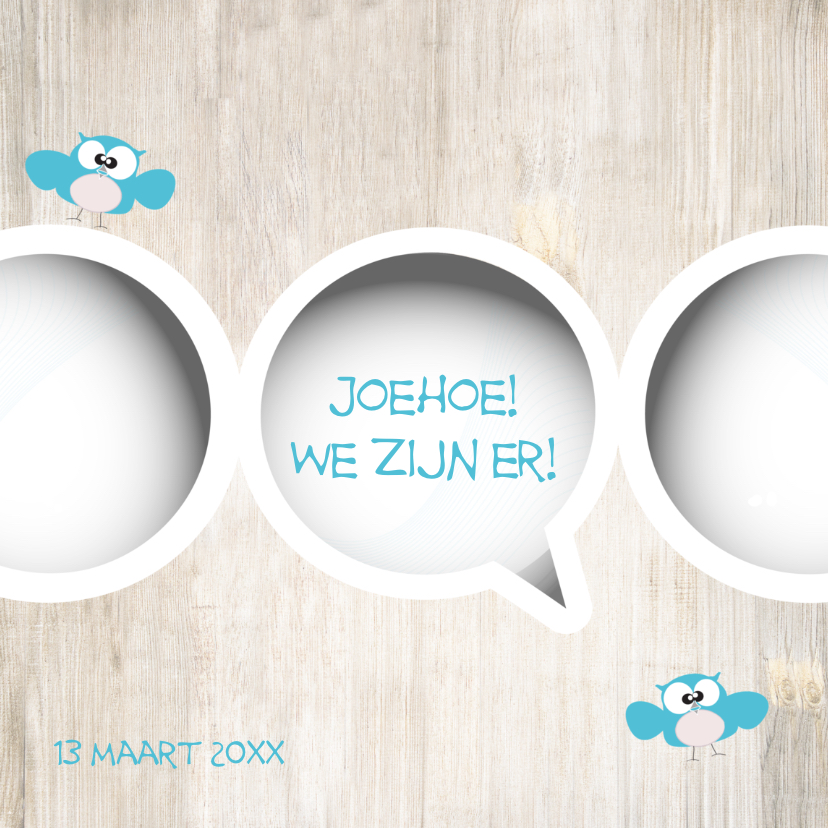 Tweeling geboortekaartje jongens van Mo Cards met uiltjes - Geboortekaartjes Geboortekaartjes - Tweeling geboortekaartje jongens van Mo Cards met uiltjes