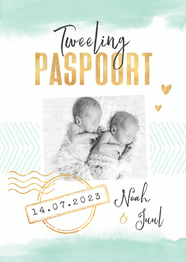 Tweeling paspoort geboortekaartje unisex waterverf goud - Geboortekaartjes Geboortekaartjes - Tweeling paspoort geboortekaartje unisex waterverf goud