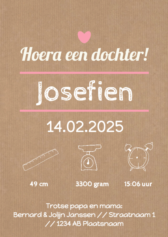 Typografie roze hartje - DH - Geboortekaartjes Geboortekaartjes - Typografie roze hartje - DH