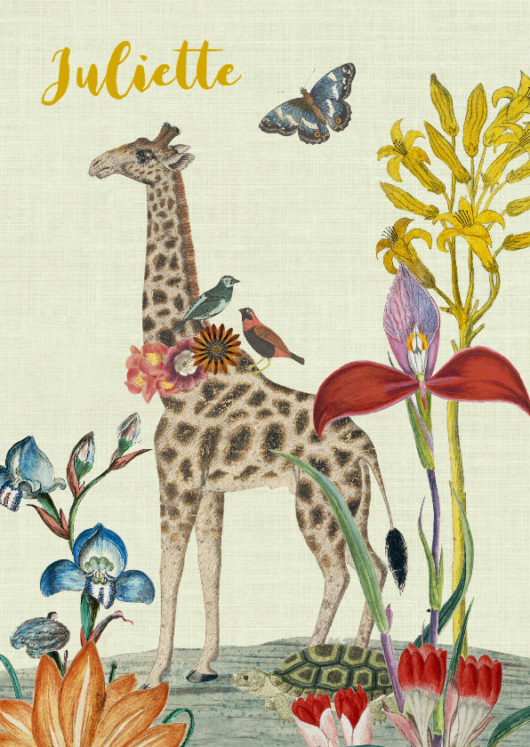 Geboortekaartjes - Vintage geboortekaartje met giraffe en bloemen