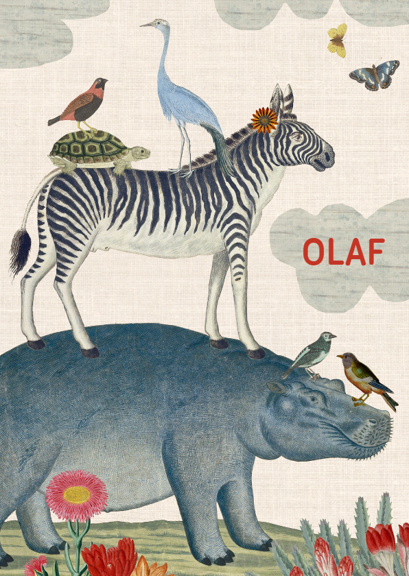Vintage geboortekaartje met vrolijke stapel van dieren - Geboortekaartjes Geboortekaartjes - Vintage geboortekaartje met vrolijke stapel van dieren