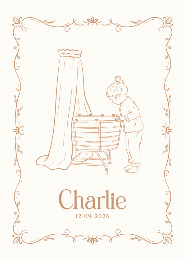 Vintage geboortekaartje met wieg en grote zus beige - Geboortekaartjes Geboortekaartjes - Vintage geboortekaartje met wieg en grote zus beige