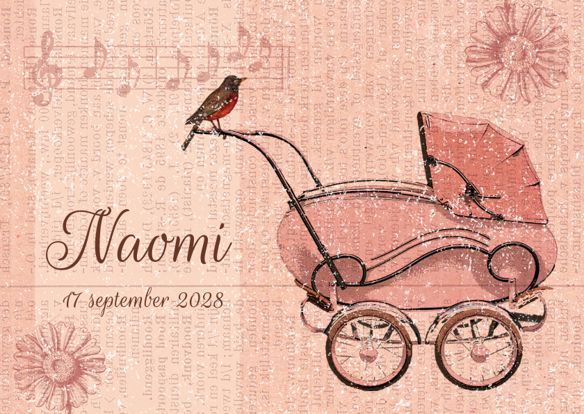 Vintage kinderwagen roze - Geboortekaartjes Geboortekaartjes - Vintage kinderwagen roze