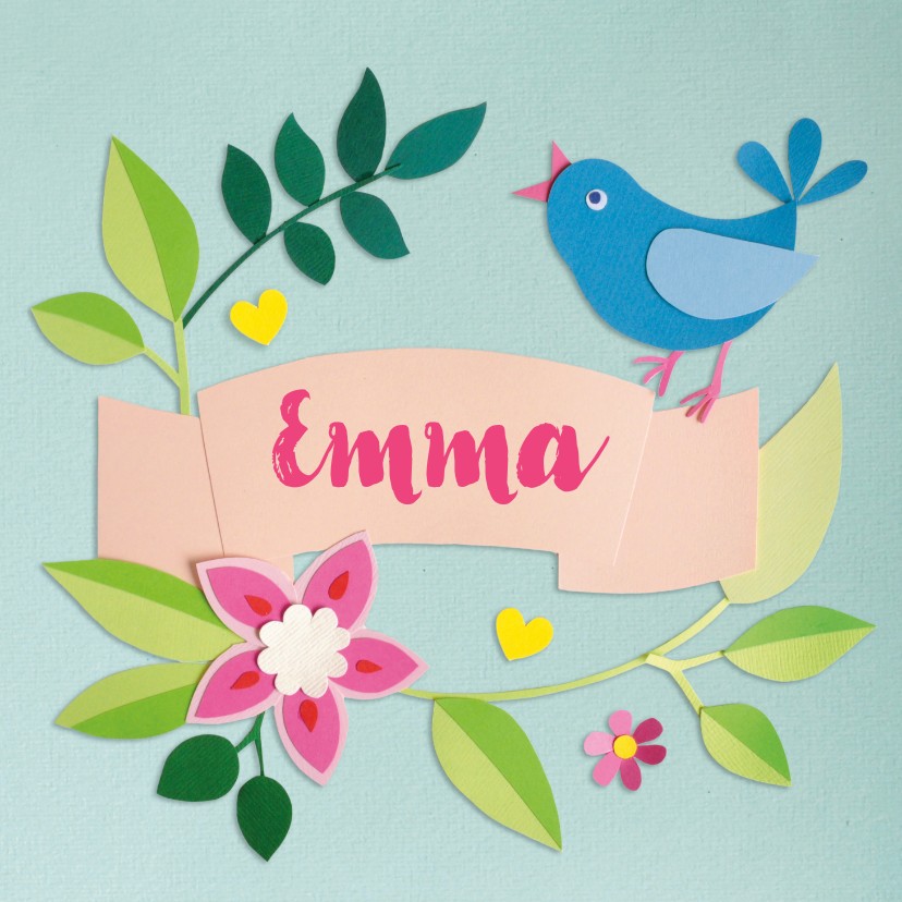 Vogel en bloemen geboortekaartje mint - Geboortekaartjes Geboortekaartjes - Vogel en bloemen geboortekaartje mint