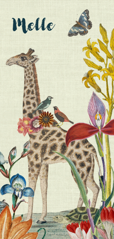 Geboortekaartjes - Vrolijk geboortekaartje met giraffe en vintage bloemen