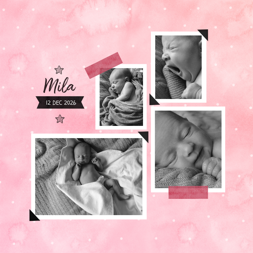 Waterverf collage fotokaart pastel roze - Geboortekaartjes Geboortekaartjes - Waterverf collage fotokaart pastel roze