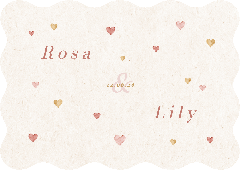 Geboortekaartjes - Wave geboortekaartje tweeling hartjes beige roze lief