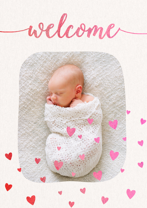 Welcome hartjes linnen look - DH - Geboortekaartjes Geboortekaartjes - Welcome hartjes linnen look - DH