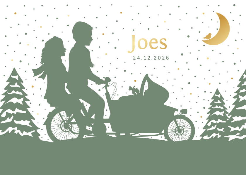 Winters geboortekaartje jongen ouders op bakfiets met baby - Geboortekaartjes Geboortekaartjes - Winters geboortekaartje jongen ouders op bakfiets met baby
