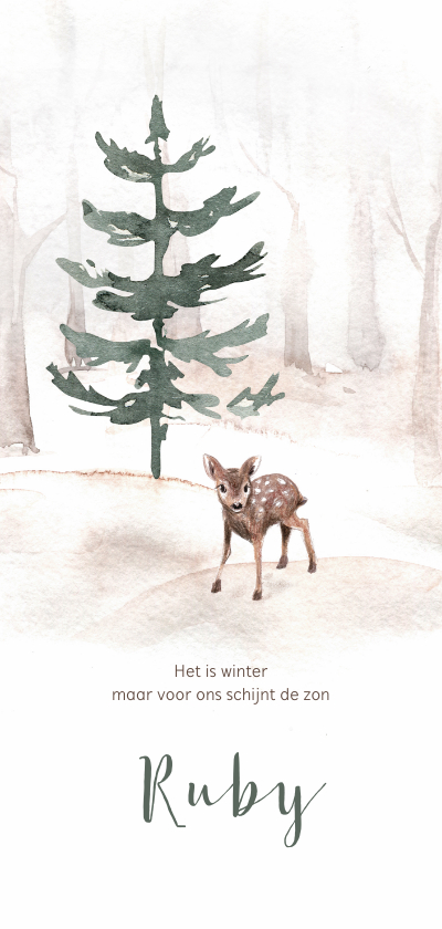 Geboortekaartjes - Winters geboortekaartje met bomen en een klein hertje