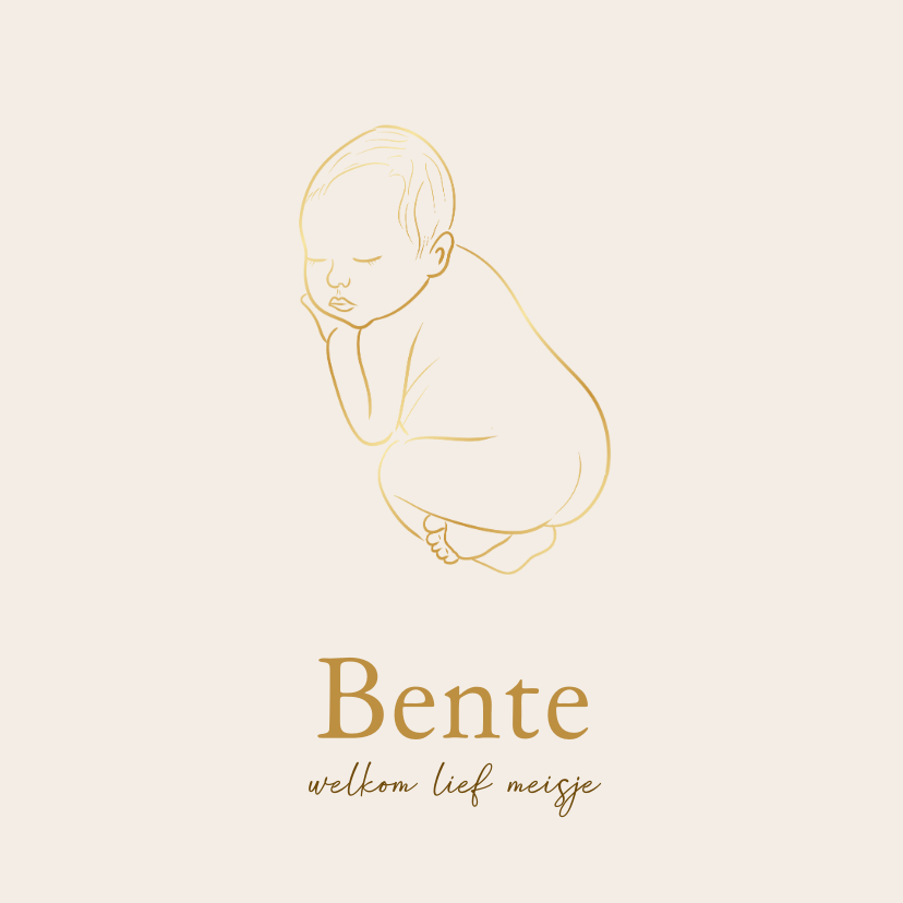 Geboortekaartjes -  Zandkleurig geboortekaartje met gouden lijnillustratie baby