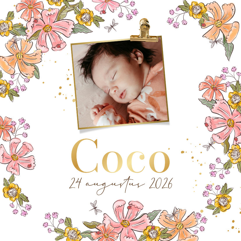 Zomers geboortekaartje bloemen foto goud lieveheersbeestje - Geboortekaartjes Geboortekaartjes - Zomers geboortekaartje bloemen foto goud lieveheersbeestje