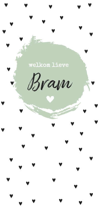 Zwarte hartjes en groene brush - Geboortekaartjes Geboortekaartjes - Zwarte hartjes en groene brush
