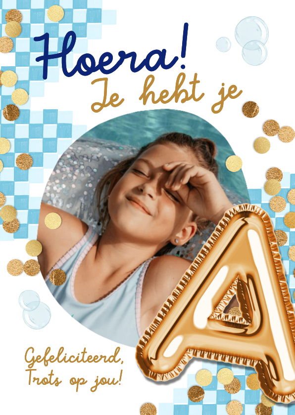 Geslaagd kaarten - Feestelijke geslaagd kaart zwemdiploma A folieballon goud