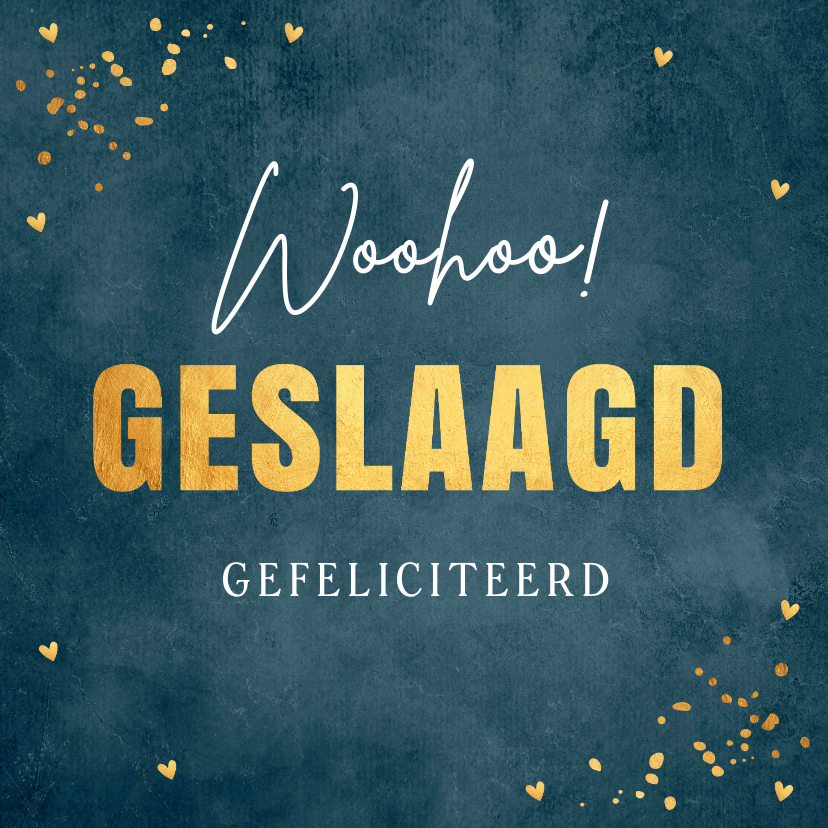 Geslaagd kaarten - Felicitatiekaart geslaagd blauw goudlook confetti