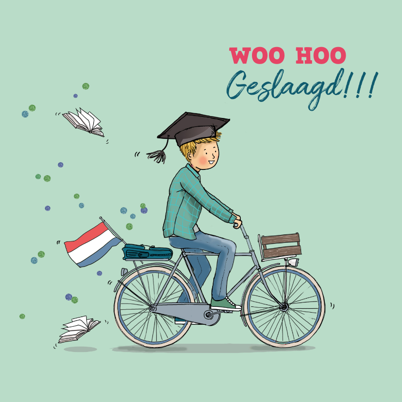 Geslaagd kaarten - Felicitatiekaart geslaagd jongen op fiets